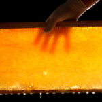 close up shot of a hand holding honeycomb in wooden frame.