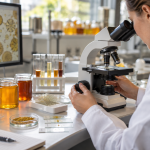 Quality control professional examining honey pollen samples under a microscope in a laboratory with jars of honey and testing equipment.