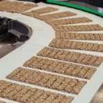 Snack bar transferring by conveyor at sweet industry