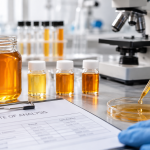 Laboratory technician testing honey samples with a pipette, alongside a certificate of analysis, microscope, and jars of honey.