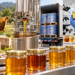 Honey supply chain showing beekeeping, commercial processing, bulk transportation, laboratory testing, and finished honey products.