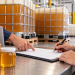 Two professionals reviewing a bulk honey supply agreement in a warehouse with honey storage containers in the background.